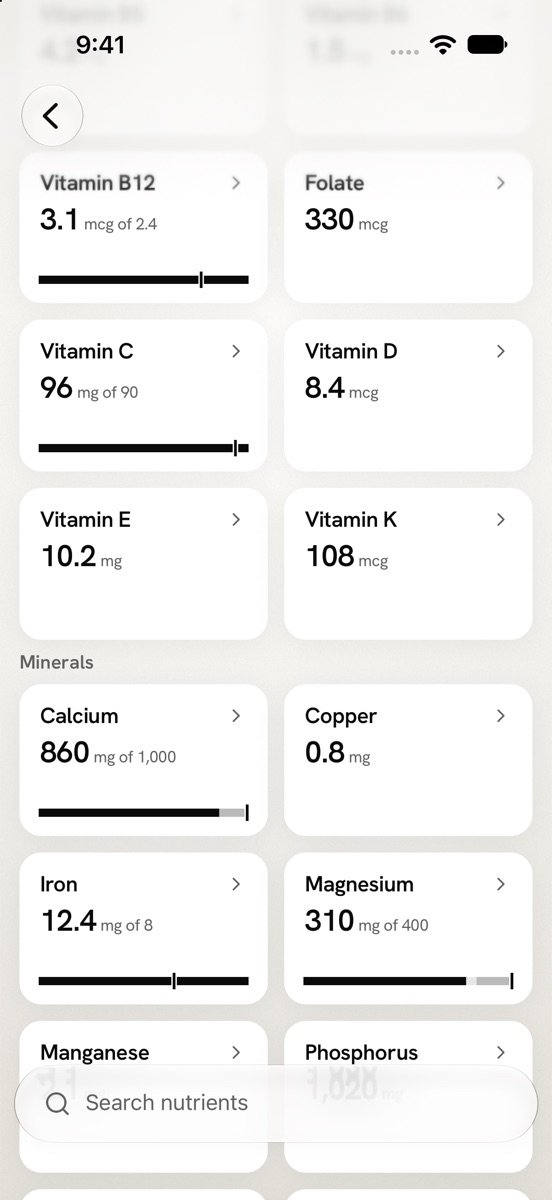 The Fit Shapes Nutrition screen with vitamin and mineral cards, each showing the day's amount against its goal