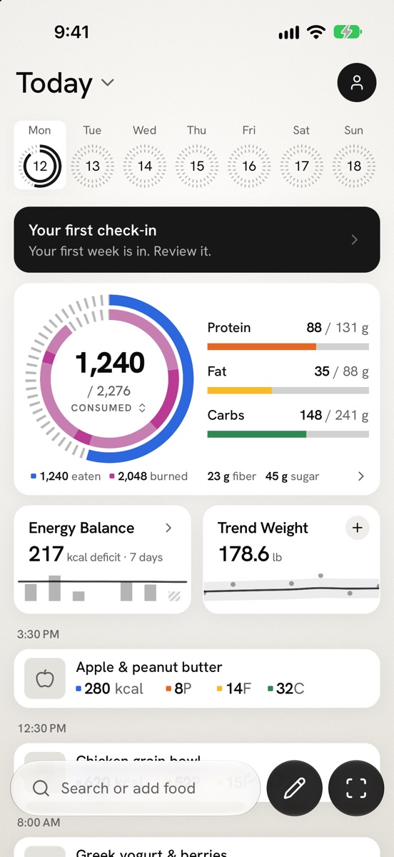 The Fit Shapes Today screen with 1,240 of 2,276 calories eaten, protein, fat and carbs bars, energy balance, trend weight and the day's food log